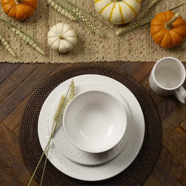 Alt view image 3 of 7 - Sylvia Dinnerware Set 32-Piece Service for 8 - White Porcelain Dinner Plates, Salad Plates, Soup Bowls and Mugs with Embossed Scrollwork