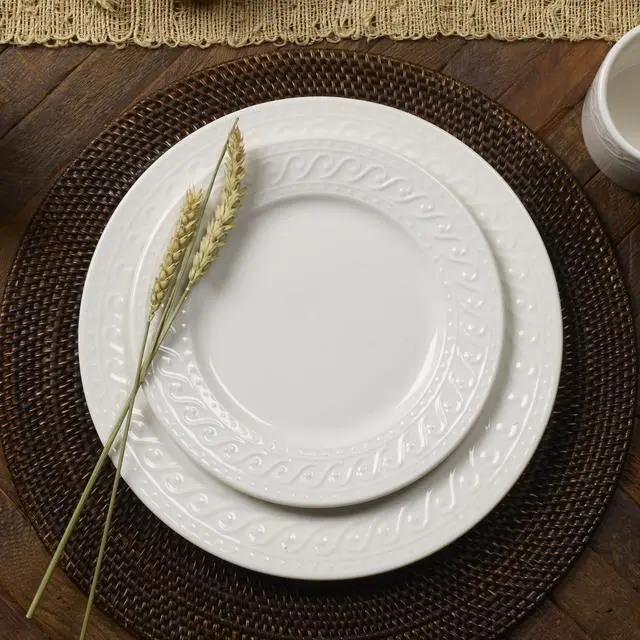 Alt view image 4 of 7 - Sylvia Dinnerware Set 32-Piece Service for 8 - White Porcelain Dinner Plates, Salad Plates, Soup Bowls and Mugs with Embossed Scrollwork