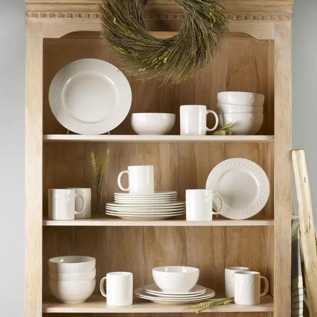 Alt view image 5 of 7 - Sylvia Dinnerware Set 32-Piece Service for 8 - White Porcelain Dinner Plates, Salad Plates, Soup Bowls and Mugs with Embossed Scrollwork