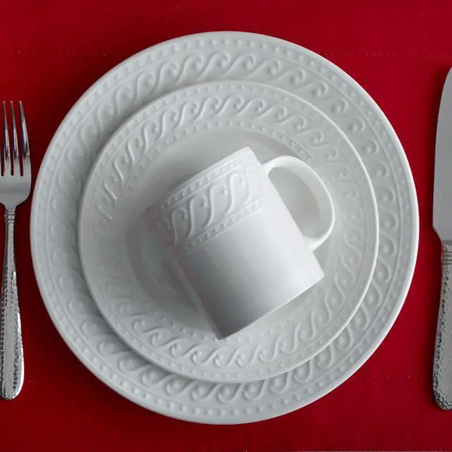 Alt view image 6 of 7 - Sylvia Dinnerware Set 32-Piece Service for 8 - White Porcelain Dinner Plates, Salad Plates, Soup Bowls and Mugs with Embossed Scrollwork