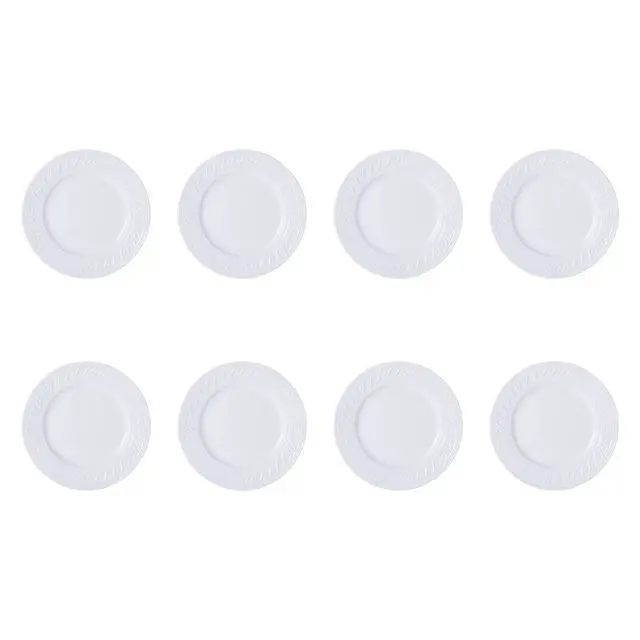 Alt view image 7 of 7 - Sylvia Dinnerware Set 32-Piece Service for 8 - White Porcelain Dinner Plates, Salad Plates, Soup Bowls and Mugs with Embossed Scrollwork
