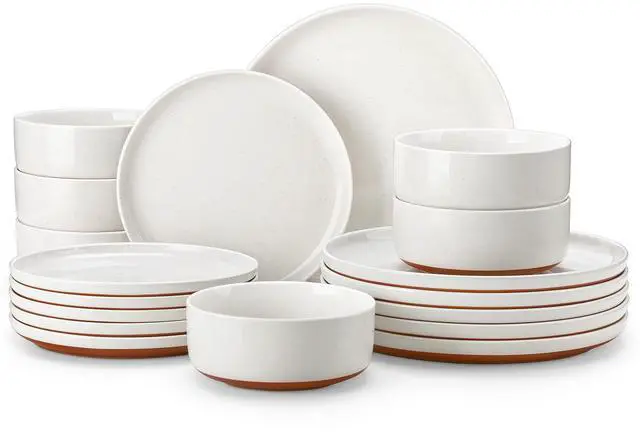 Main image of Plates and Bowls Sets, 18 Pieces Modern Ceramic Dinnerware Set for 6 Kitchen Dinner Set Stoneware Dishware Dishes Set Microwave and Dishwasher Safe, White, Series TARA