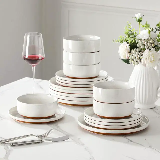 Alt view image 6 of 7 - Plates and Bowls Sets, 18 Pieces Modern Ceramic Dinnerware Set for 6 Kitchen Dinner Set Stoneware Dishware Dishes Set Microwave and Dishwasher Safe, White, Series TARA