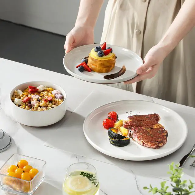 Alt view image 7 of 7 - Plates and Bowls Sets, 18 Pieces Modern Ceramic Dinnerware Set for 6 Kitchen Dinner Set Stoneware Dishware Dishes Set Microwave and Dishwasher Safe, White, Series TARA