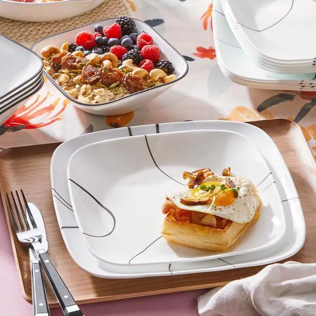 Alt view image 2 of 6 - 18-Piece Service for 6 Dinnerware Set Triple Layer Glass and Chip Resistant, Lightweight Square Plates and Bowls Set, Simple Lines