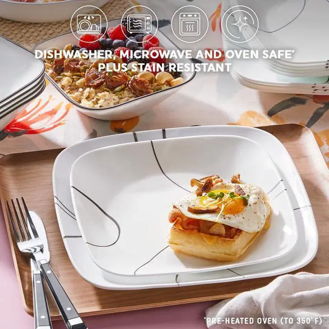 Alt view image 3 of 6 - 18-Piece Service for 6 Dinnerware Set Triple Layer Glass and Chip Resistant, Lightweight Square Plates and Bowls Set, Simple Lines