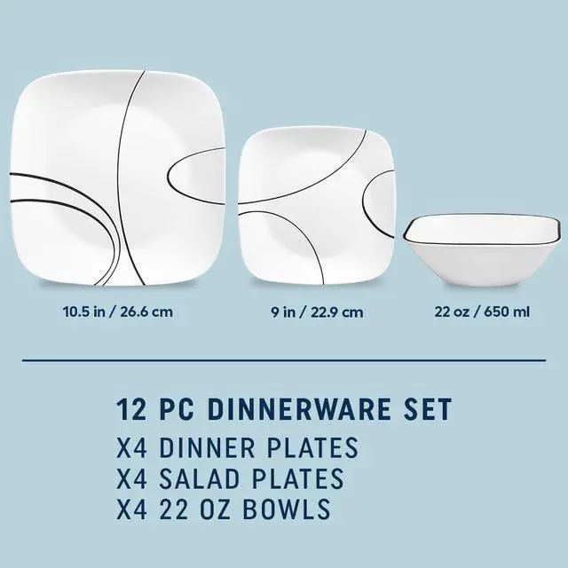 Alt view image 6 of 6 - 18-Piece Service for 6 Dinnerware Set Triple Layer Glass and Chip Resistant, Lightweight Square Plates and Bowls Set, Simple Lines
