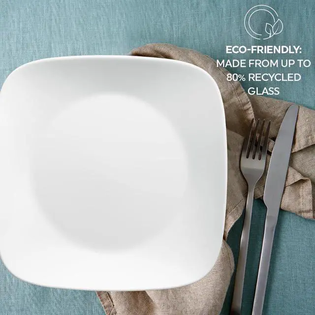 Alt view image 2 of 3 - Vitrelle 18-Piece Service for 6 Square Dinnerware Set Triple Layer Glass and Chip Resistant, Lightweight Square Plates and Bowls Set, Pure White