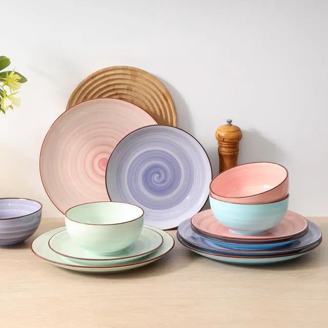 Alt view image 3 of 7 - Ceramic 16-Pieces Dinnerware Set, Ceramic Dishes Set for 4, Kitchen Plates and Bowls Sets, Dinner Plates Set, Spray Black Dots, Gradient Color