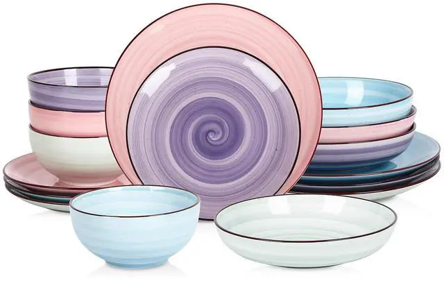 Main image of Ceramic 16-Pieces Dinnerware Set, Ceramic Dishes Set for 4, Kitchen Plates and Bowls Sets, Dinner Plates Set, Spray Black Dots, Gradient Color