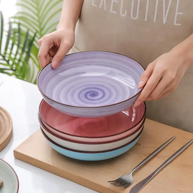 Alt view image 4 of 7 - Ceramic 16-Pieces Dinnerware Set, Ceramic Dishes Set for 4, Kitchen Plates and Bowls Sets, Dinner Plates Set, Spray Black Dots, Gradient Color