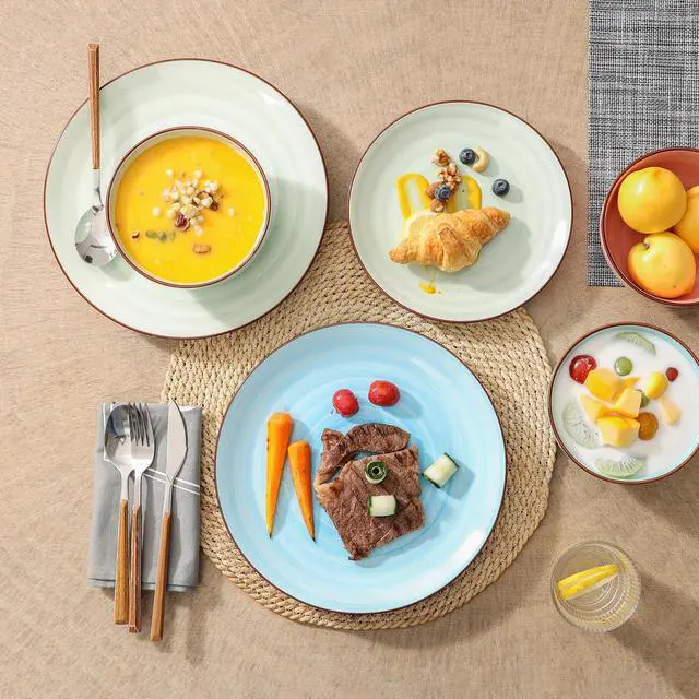 Alt view image 5 of 7 - Ceramic 16-Pieces Dinnerware Set, Ceramic Dishes Set for 4, Kitchen Plates and Bowls Sets, Dinner Plates Set, Spray Black Dots, Gradient Color