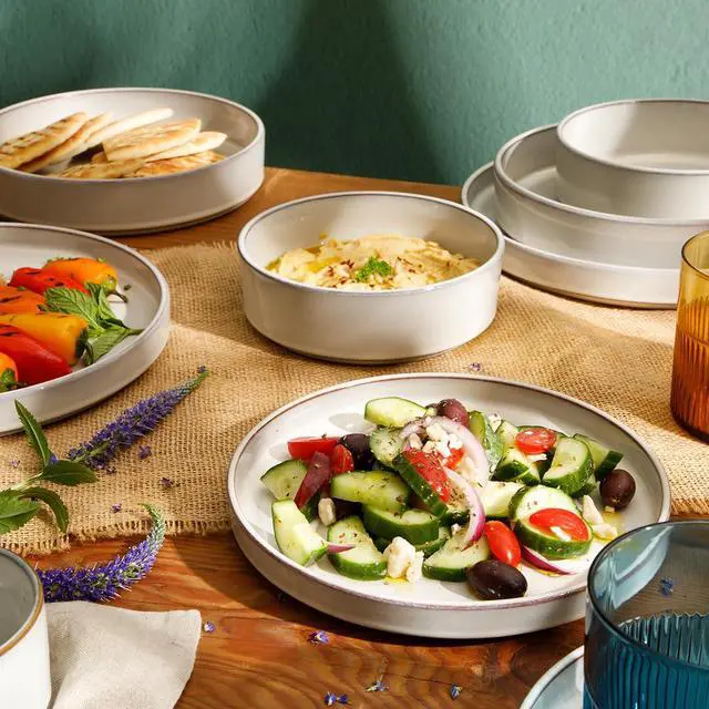 Alt view image 2 of 6 - Two Time Oprah's Favorite Things Winner - Santorini Mist Double Bowl Terracotta Reactive Glaze Plates and Bowls Dinnerware Set - Moonstone White, Service for Four (16pcs)