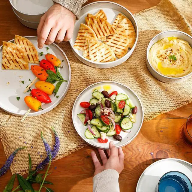 Alt view image 3 of 6 - Two Time Oprah's Favorite Things Winner - Santorini Mist Double Bowl Terracotta Reactive Glaze Plates and Bowls Dinnerware Set - Moonstone White, Service for Four (16pcs)
