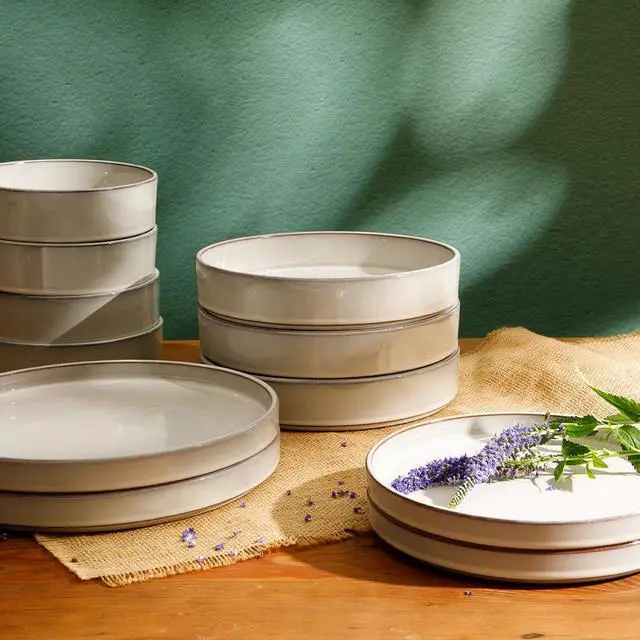 Alt view image 4 of 6 - Two Time Oprah's Favorite Things Winner - Santorini Mist Double Bowl Terracotta Reactive Glaze Plates and Bowls Dinnerware Set - Moonstone White, Service for Four (16pcs)