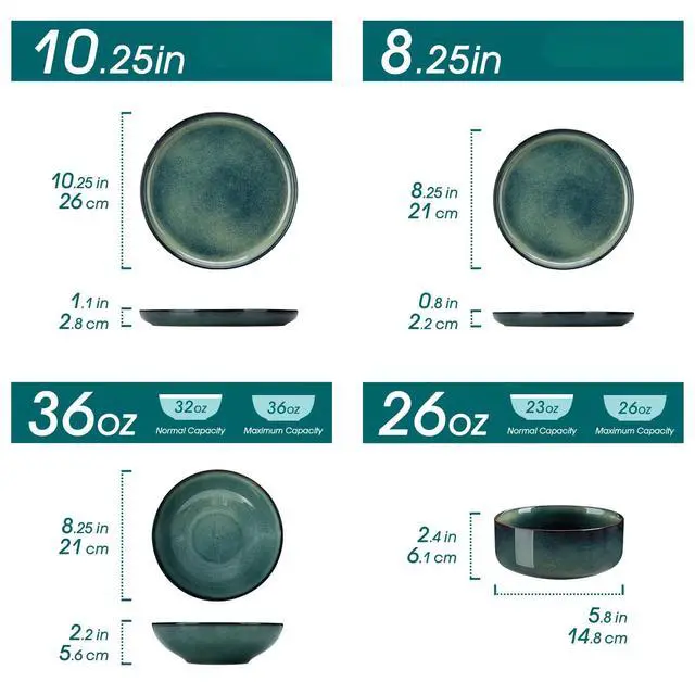 Alt view image 2 of 7 - Starry Plates and Bowls Sets for 6, 24 Pieces Dinnerware Sets, Green Reactive Glaze Dishes Sets for Kitchen, Scratch Resistant Stoneware Dishes Set, Dishwasher and Microwave Safe