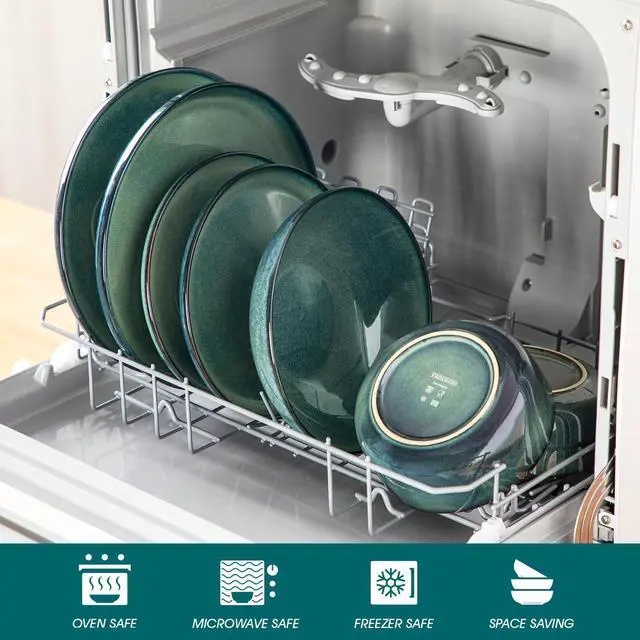 Alt view image 4 of 7 - Starry Plates and Bowls Sets for 6, 24 Pieces Dinnerware Sets, Green Reactive Glaze Dishes Sets for Kitchen, Scratch Resistant Stoneware Dishes Set, Dishwasher and Microwave Safe