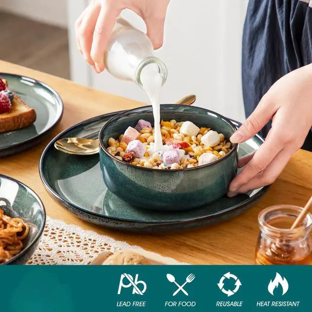 Alt view image 3 of 7 - Starry Plates and Bowls Sets for 6, 24 Pieces Dinnerware Sets, Green Reactive Glaze Dishes Sets for Kitchen, Scratch Resistant Stoneware Dishes Set, Dishwasher and Microwave Safe