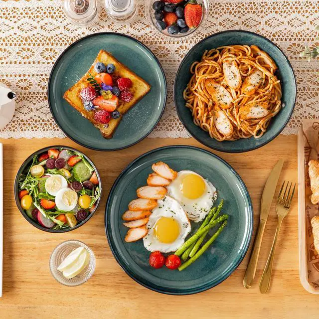 Alt view image 5 of 7 - Starry Plates and Bowls Sets for 6, 24 Pieces Dinnerware Sets, Green Reactive Glaze Dishes Sets for Kitchen, Scratch Resistant Stoneware Dishes Set, Dishwasher and Microwave Safe