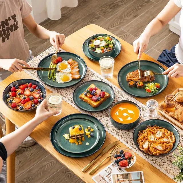 Alt view image 6 of 7 - Starry Plates and Bowls Sets for 6, 24 Pieces Dinnerware Sets, Green Reactive Glaze Dishes Sets for Kitchen, Scratch Resistant Stoneware Dishes Set, Dishwasher and Microwave Safe