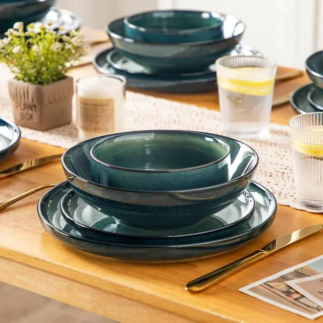Alt view image 7 of 7 - Starry Plates and Bowls Sets for 6, 24 Pieces Dinnerware Sets, Green Reactive Glaze Dishes Sets for Kitchen, Scratch Resistant Stoneware Dishes Set, Dishwasher and Microwave Safe