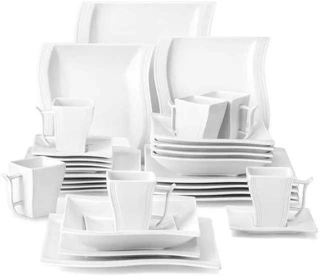 Main image of Ivory White Dinnerware Sets, 30-Piece Porcelain Plates and Bowls Sets, Modern Dish Set for 6, Square Plates Dinnerware Set Kitchen Dishware Sets, Microwave and Dishwasher Safe, Series Flora