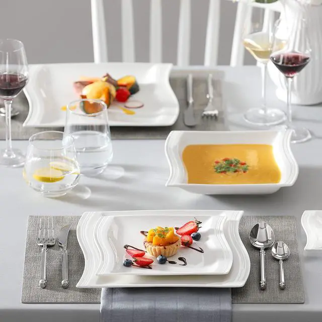 Alt view image 5 of 7 - Ivory White Dinnerware Sets, 30-Piece Porcelain Plates and Bowls Sets, Modern Dish Set for 6, Square Plates Dinnerware Set Kitchen Dishware Sets, Microwave and Dishwasher Safe, Series Flora