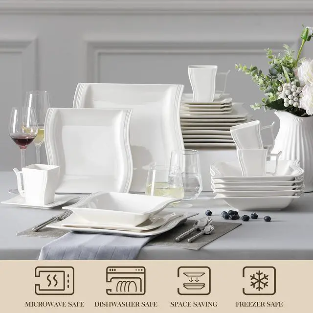 Alt view image 4 of 7 - Ivory White Dinnerware Sets, 30-Piece Porcelain Plates and Bowls Sets, Modern Dish Set for 6, Square Plates Dinnerware Set Kitchen Dishware Sets, Microwave and Dishwasher Safe, Series Flora