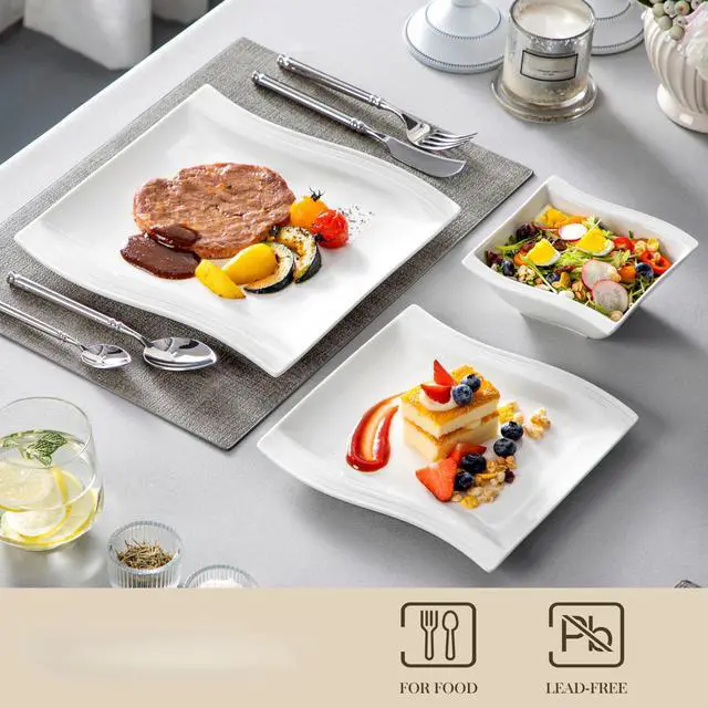 Alt view image 3 of 7 - Ivory White Dinnerware Sets, 30-Piece Porcelain Plates and Bowls Sets, Modern Dish Set for 6, Square Plates Dinnerware Set Kitchen Dishware Sets, Microwave and Dishwasher Safe, Series Flora