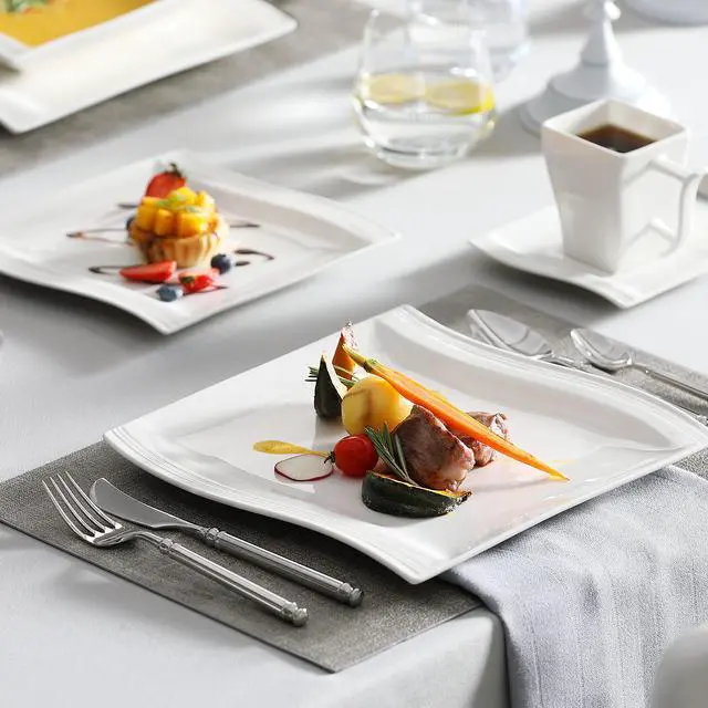 Alt view image 6 of 7 - Ivory White Dinnerware Sets, 30-Piece Porcelain Plates and Bowls Sets, Modern Dish Set for 6, Square Plates Dinnerware Set Kitchen Dishware Sets, Microwave and Dishwasher Safe, Series Flora