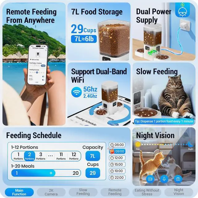 Alt view image 2 of 7 - 5G WiFi Automatic Cat Feeder with Two HD Camera: 7L Automatic Dog Feeder with Night Vision, Auto Cat Food Dispenser for Multiple Pet, Detachable for Easy Cleaning - 29 Cup