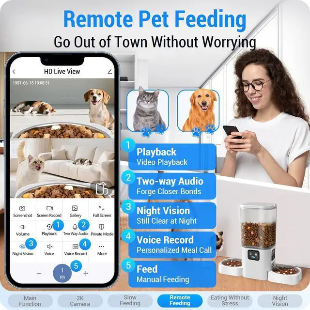 Alt view image 5 of 7 - 5G WiFi Automatic Cat Feeder with Two HD Camera: 7L Automatic Dog Feeder with Night Vision, Auto Cat Food Dispenser for Multiple Pet, Detachable for Easy Cleaning - 29 Cup