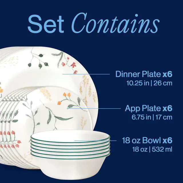 Alt view image 3 of 7 - Vitrelle 18 Piece Glass Dinnerware Sets Service for 6, Triple Layer Chip & Crack Resistant Glass Plate and Bowl Sets, Wildflower