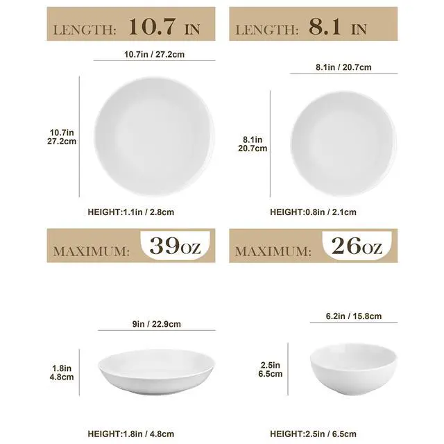Alt view image 2 of 7 - 24-Piece Porcelain Dinnerware Set, White Round Dish Set for 6