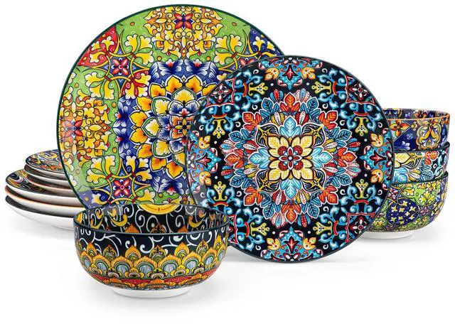 Main image of 12 Pieces Dinnerware Sets, Plates and Bowls Set, Porcelain Dishes Set for 4, Microwave and Dishwasher Safe, Scratch Resistant, Bohemian Style Dining Ware Service for 4, Series SIMI