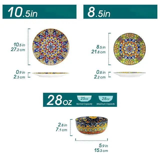 Alt view image 2 of 6 - 12 Pieces Dinnerware Sets, Plates and Bowls Set, Porcelain Dishes Set for 4, Microwave and Dishwasher Safe, Scratch Resistant, Bohemian Style Dining Ware Service for 4, Series SIMI