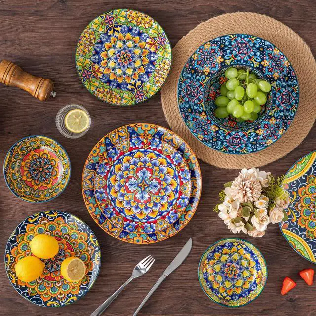 Alt view image 4 of 6 - 12 Pieces Dinnerware Sets, Plates and Bowls Set, Porcelain Dishes Set for 4, Microwave and Dishwasher Safe, Scratch Resistant, Bohemian Style Dining Ware Service for 4, Series SIMI