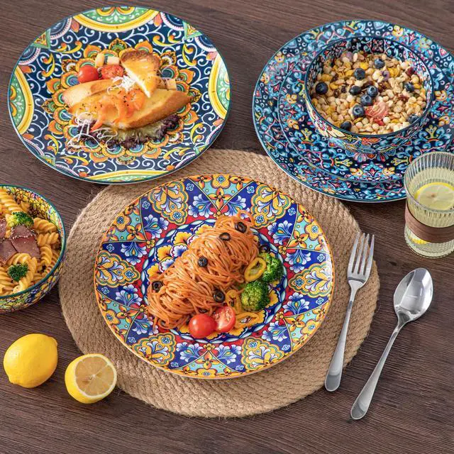 Alt view image 5 of 6 - 12 Pieces Dinnerware Sets, Plates and Bowls Set, Porcelain Dishes Set for 4, Microwave and Dishwasher Safe, Scratch Resistant, Bohemian Style Dining Ware Service for 4, Series SIMI