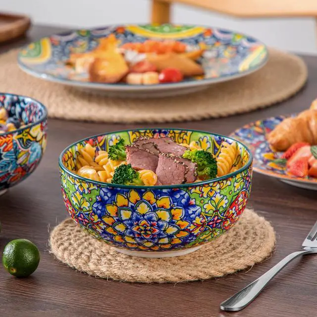 Alt view image 6 of 6 - 12 Pieces Dinnerware Sets, Plates and Bowls Set, Porcelain Dishes Set for 4, Microwave and Dishwasher Safe, Scratch Resistant, Bohemian Style Dining Ware Service for 4, Series SIMI