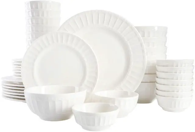 Main image of Zen Buffet Porcelain Ceramic Dinnerware Sets for 8, Plates and Bowls Set (40pcs), White Embossed Dishes