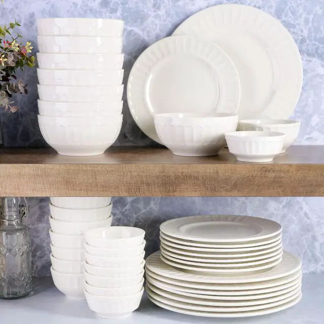 Alt view image 5 of 6 - Zen Buffet Porcelain Ceramic Dinnerware Sets for 8, Plates and Bowls Set (40pcs), White Embossed Dishes