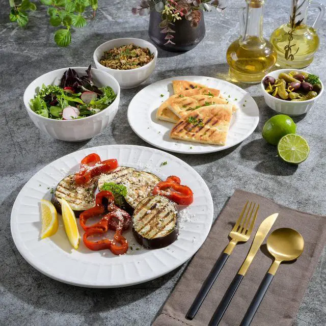 Alt view image 6 of 6 - Zen Buffet Porcelain Ceramic Dinnerware Sets for 8, Plates and Bowls Set (40pcs), White Embossed Dishes