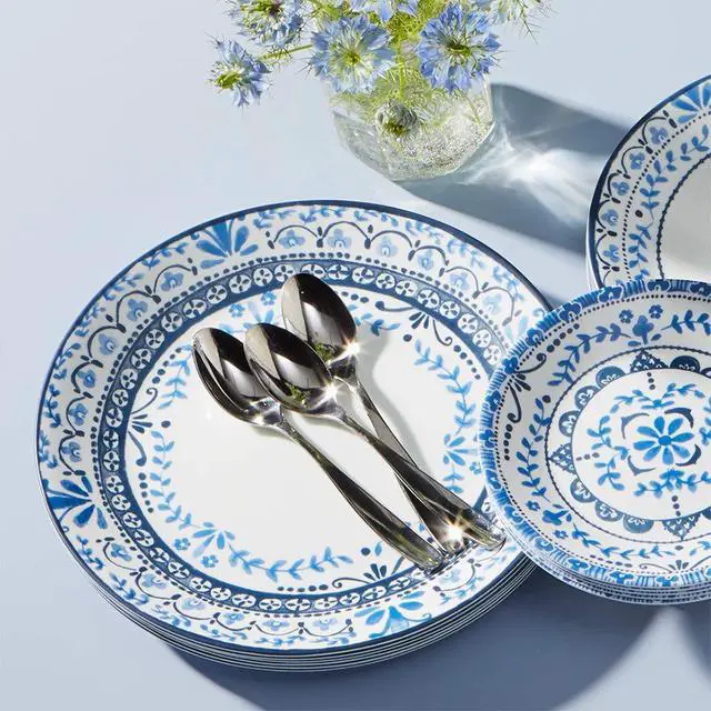 Alt view image 5 of 5 - Vitrelle 18-Piece Service for 6 Dinnerware Set, Triple Layer Glass and Chip Resistant, Lightweight Round Plates and Bowls Set, Portofino