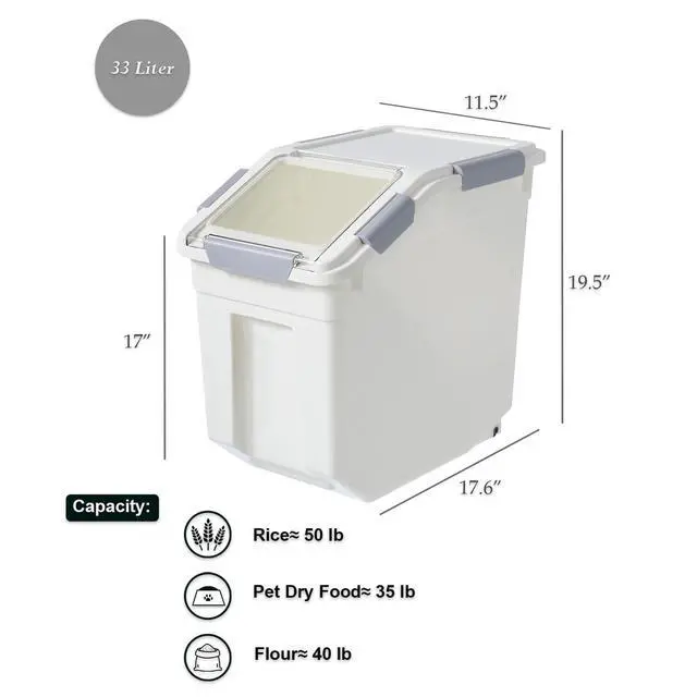 Alt view image 3 of 7 - 33 Liter / 50 lbs Rice Storage Container with Measuring Cup, BPA free, For Rice | Grain | Pet Food | Flour, 2 count, White