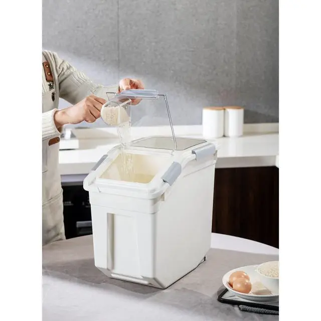 Alt view image 5 of 7 - 33 Liter / 50 lbs Rice Storage Container with Measuring Cup, BPA free, For Rice | Grain | Pet Food | Flour, 2 count, White