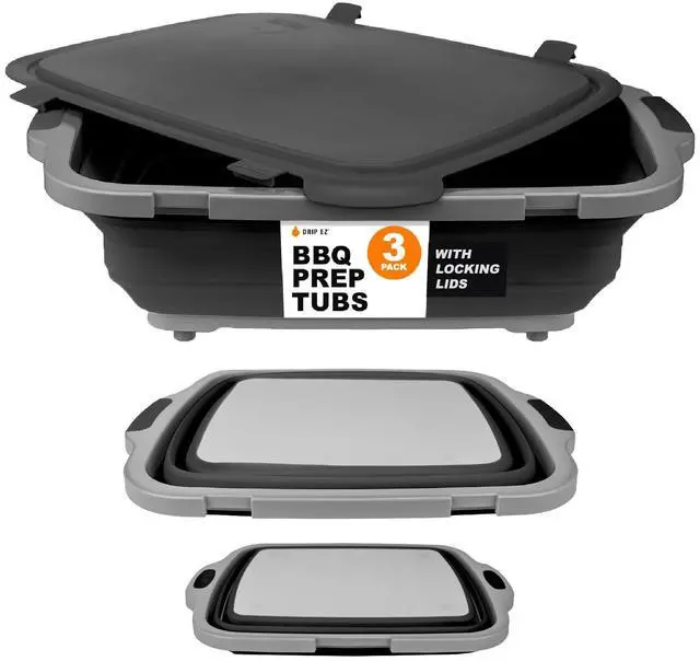 Main image of Collapsible BBQ Prep Tubs 3-Piece Set- For Meal Prep Marinating Food Storage - Includes Cutting Board & Lid - (1) JR + (1) OG + (1) XL - Black
