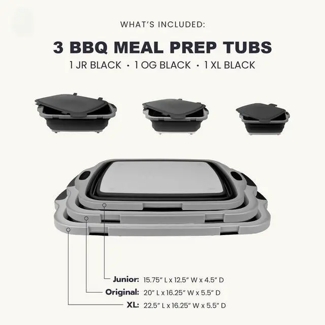 Alt view image 2 of 6 - Collapsible BBQ Prep Tubs 3-Piece Set- For Meal Prep Marinating Food Storage - Includes Cutting Board & Lid - (1) JR + (1) OG + (1) XL - Black
