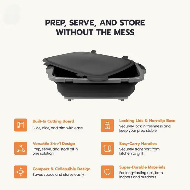 Alt view image 3 of 6 - Collapsible BBQ Prep Tubs 3-Piece Set- For Meal Prep Marinating Food Storage - Includes Cutting Board & Lid - (1) JR + (1) OG + (1) XL - Black