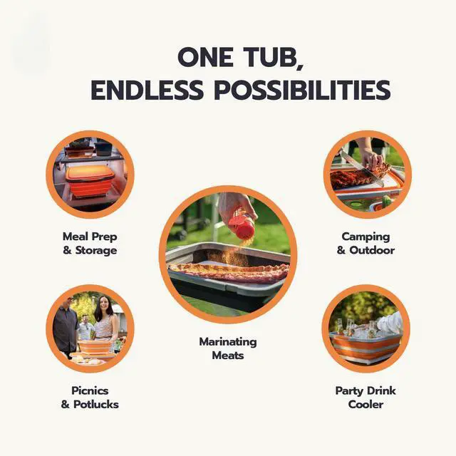 Alt view image 5 of 6 - Collapsible BBQ Prep Tubs 3-Piece Set- For Meal Prep Marinating Food Storage - Includes Cutting Board & Lid - (1) JR + (1) OG + (1) XL - Black