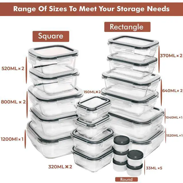Alt view image 2 of 7 - 35 Pc Set Glass Food Storage Containers with Lids - Meal Prep Airtight Bento Boxes BPA-Free 100% Leak Proof (15 lids,15 glass & 5 Plastic Sauce/Dip Containers)